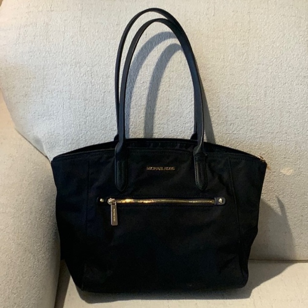 Michael Kors Black Tote with Textured Finish and Gold Zipper